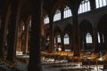 Gothic church interior with empty rows of chairs Royalty Free Stock Photo