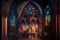 Gothic church interior with stained glass windows. 3D rendering Royalty Free Stock Photo