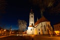 Gothic church of the Nativity of the Blessed Virgin Mary and clock tower. Pisek - town in South Czechia