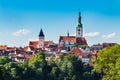 View to historical center of Tabor old town with towers, red rooftops and blue sky