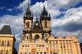 Gothic Church of Virgin Mary in front of Tyn, Tyn Church in Prague, Old Town Square. Medieval architecture of Prague, buildings, Royalty Free Stock Photo