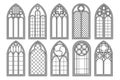 Gothic church windows. Vector architecture arches with glass. Old castle and cathedral frames. Medieval stained interior Royalty Free Stock Photo