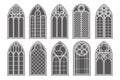 Gothic church windows. Vector architecture arches with glass. Old castle and cathedral frames. Medieval stained interior Royalty Free Stock Photo