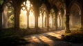 a gothic cloister at sunrise with light streaming through arches