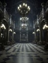 Gothic creepy room with bats in haunted castle. AI Royalty Free Stock Photo