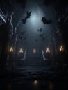 Gothic creepy room with bats in haunted castle. AI Royalty Free Stock Photo