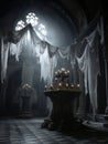 Gothic creepy room with candles in haunted castle. AI Royalty Free Stock Photo