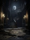 Gothic creepy room with vintage staircase in haunted castle. AI Royalty Free Stock Photo