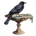 Gothic crow on a fountaine watercolor illustration