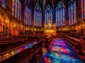 Gothic cyberpunk cathedral with neon accents