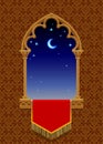 Gothic decorative window with red banner and starry night sky on Royalty Free Stock Photo