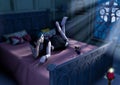 Gothic doll girl lay in the bed with a blue moon shinning. Royalty Free Stock Photo