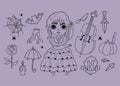 Gothic fantasy collection. Halloween outline doodles. Dancing cute girl, bat, cello, and thing cobweb, knife magic