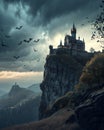 Gothic fantasy landscape with a dark castle on a high cliff. Stormy sky with thunderstorms Royalty Free Stock Photo