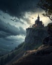 Gothic fantasy landscape with a dark castle on a high cliff. Stormy sky with thunderstorms Royalty Free Stock Photo