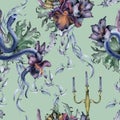 Gothic floral seamless pattern with snake isolated on blue. Flower purple iris and black lily watercolor. Botanical art Royalty Free Stock Photo