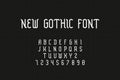 Gothic font. Geometric medieval alphabet with uppercase letters and numbers. Latin signs collection on black background