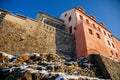 Gothic Fortress walls in winter sunny day  waterfront buildings over Otava River  Medieval fortifications  historical Royalty Free Stock Photo