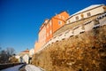 Gothic Fortress walls in winter sunny day  waterfront buildings over Otava River  Medieval fortifications  historical Royalty Free Stock Photo