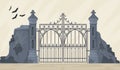 Gothic gate. Mansion or cemetery entrance gates, horror graveyard old park portal metal antique wrought fence asylum Royalty Free Stock Photo