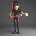 Gothic girl in leather catsuit holding a baseball bat and ball, 3d illustration