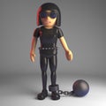 Gothic girl in leather catsuit wearing a ball and chain, 3d illustration