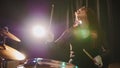 Gothic girl percussion drummer perform music break down - teen rock music