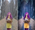 Gothic Girl with purple hair is standing with a burning glass in her hands in the alley in the autumn forest. Concept editing, pho Royalty Free Stock Photo