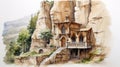 Gothic Grandeur: Hand Painted Watercolor House On Cliff