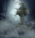 Gothic Gravestone in Graveyard at Full Moon Royalty Free Stock Photo