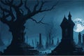 A gothic graveyard shrouded in mist, with weathered tombstones and gnarled trees. A full moon casts a pale light on the