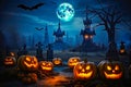 Gothic Halloween Setting: Jack-o'-Lanterns by the Castle Ruins