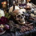 gothic halloween table with skull and candles