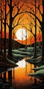 Gothic Illustration: Moonlit Forest Scene With Fluid Lines