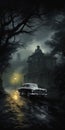 Gothic Illustration Of Nighttime Car Driving In Abandoned House Royalty Free Stock Photo