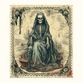 Gothic Illustration: Old Postage Stamp With Skeleton - Multilayered Realism