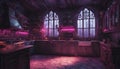 A Gothic-inspired bedroom with neon lights creating an eerie and atmospheric