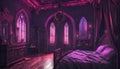 A Gothic-inspired bedroom with neon lights creating an eerie and atmospheric