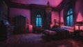 A Gothic-inspired bedroom with neon lights creating an eerie and atmospheric