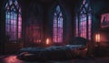 A Gothic-inspired bedroom with neon lights creating an eerie and atmospheric