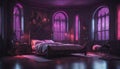 A Gothic-inspired bedroom with neon lights creating an eerie and atmospheric