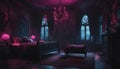 A Gothic-inspired bedroom with neon lights creating an eerie and atmospheric