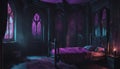 A Gothic-inspired bedroom with neon lights creating an eerie and atmospheric