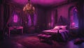 A Gothic-inspired bedroom with neon lights creating an eerie and atmospheric