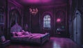 A Gothic-inspired bedroom with neon lights creating an eerie and atmospheric