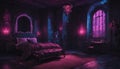 A Gothic-inspired bedroom with neon lights creating an eerie and atmospheric