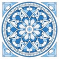 Gothic-inspired Blue Tile With Flower Motif: Minimalist Line Art And Religious Iconography