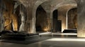 Gothic interior design Minimalist black beds in a cave room with rugged brown walls, gray arches, and modern lighting