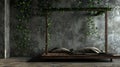 Gothic interior design Modern bedroom with a minimalist wooden bed, grey textured walls, dark cushions, and green hanging vines