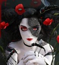 Gothic lady with surreal poppies and scary butterflies